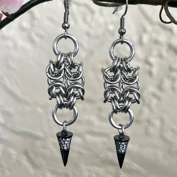 Handmade maille cz black spike dangly stainless steel earrings boho goth silver - Picture 3 of 13